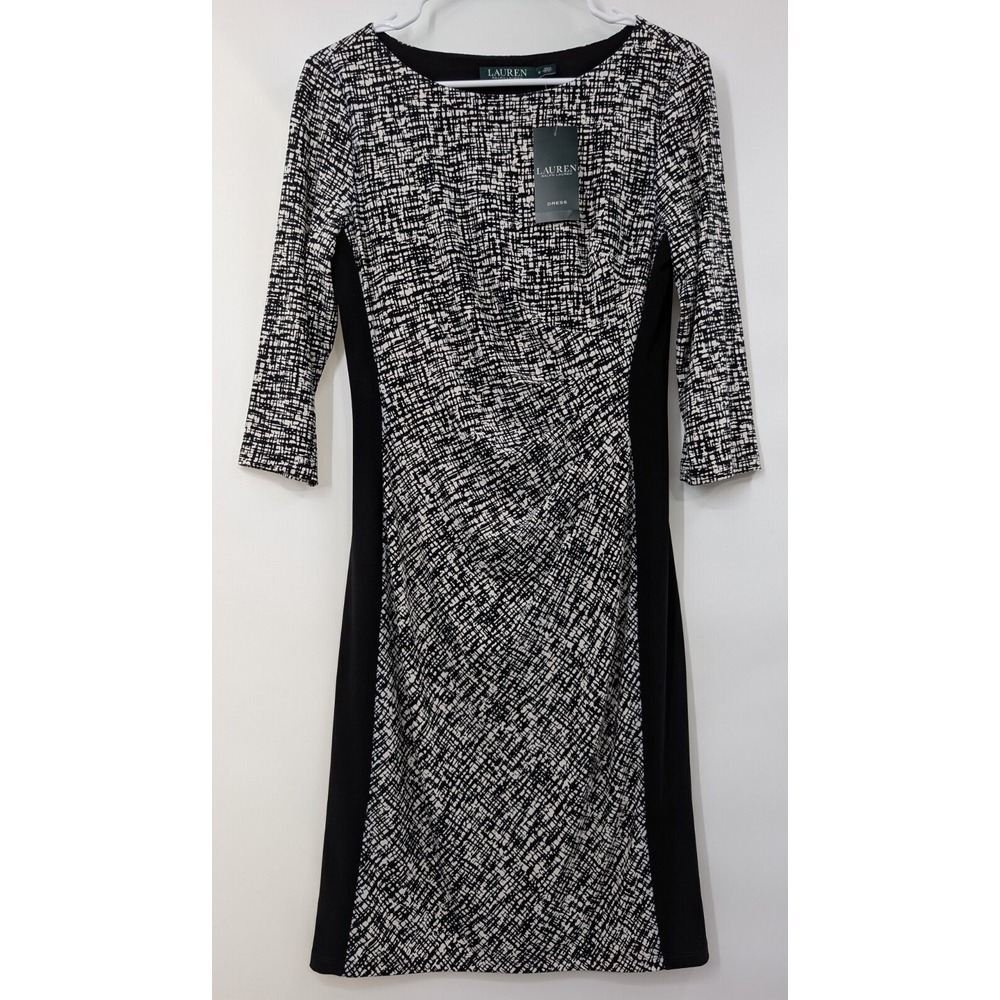 Lauren Ralph Lauren Dress Women 8 Black White Geometric Sheath Stretch 3/4‎ NWT